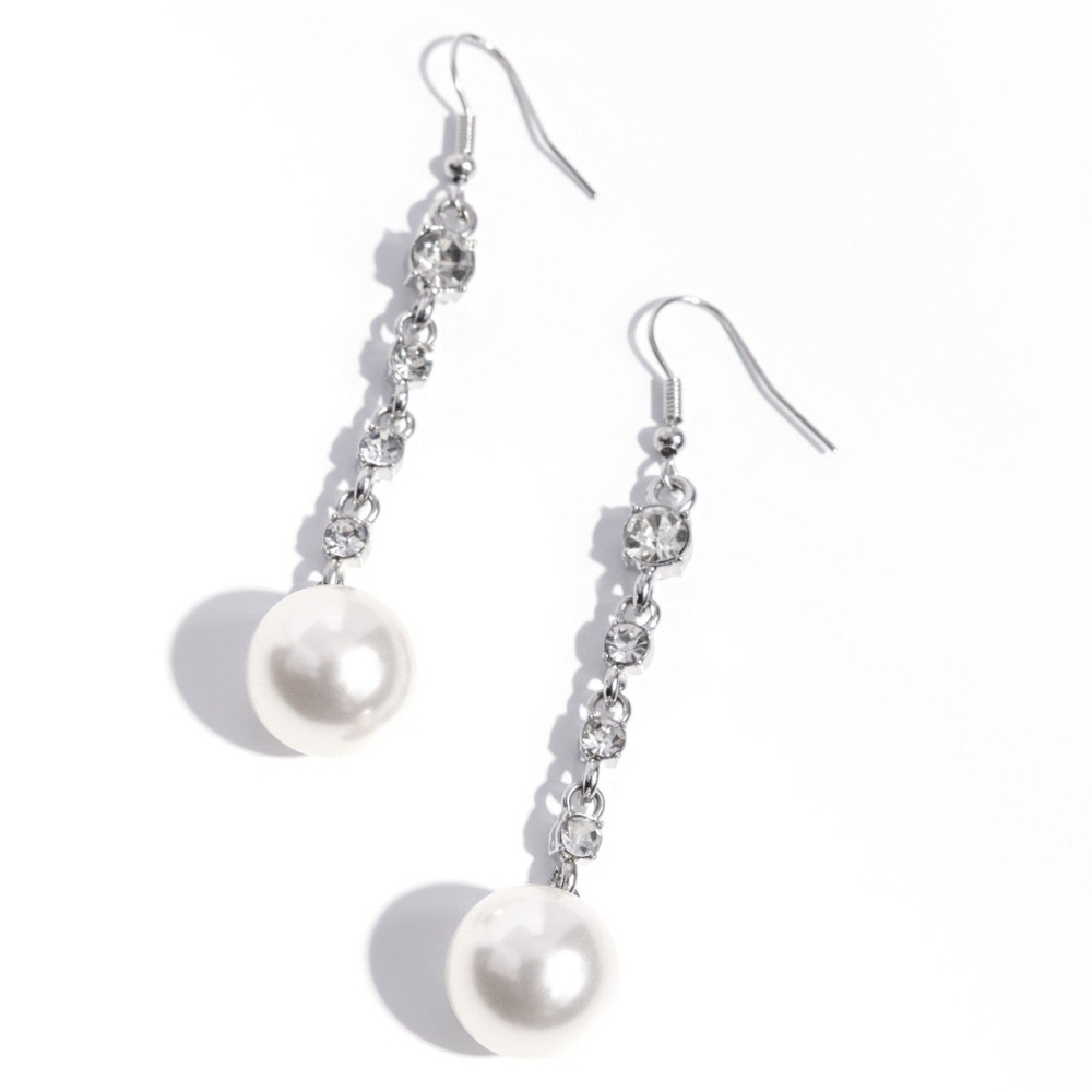 Paparazzi Silver and White Crystal Pearl Earrings Genial Glam Dangling Jewelry